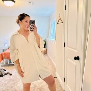 Myrah Penaloza Tan Cream Linen Blend Button Front Mini Dress M/L